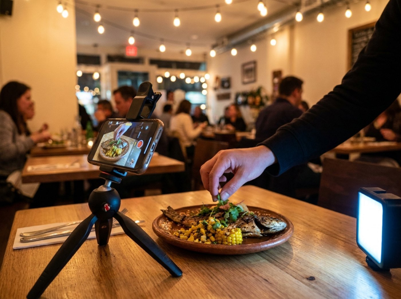 Rodaje de contenido dentro de un restaurante: un teléfono en trípode graba un plato mientras una mano ajusta el emplatado