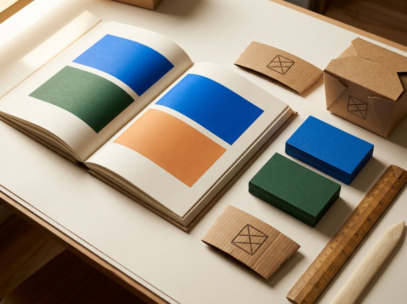 Escritorio de estudio con un manual de marca abierto, tarjetas, empaque y muestras de color