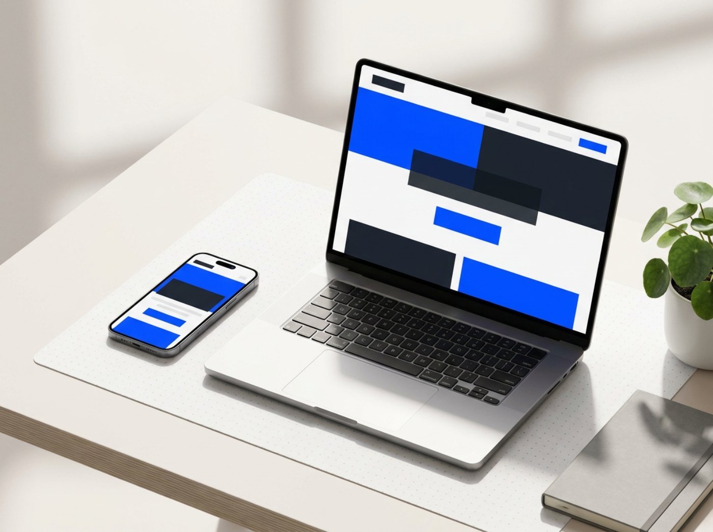 Un portátil y un teléfono sobre un escritorio claro mostrando la misma interfaz en azul eléctrico y tinta